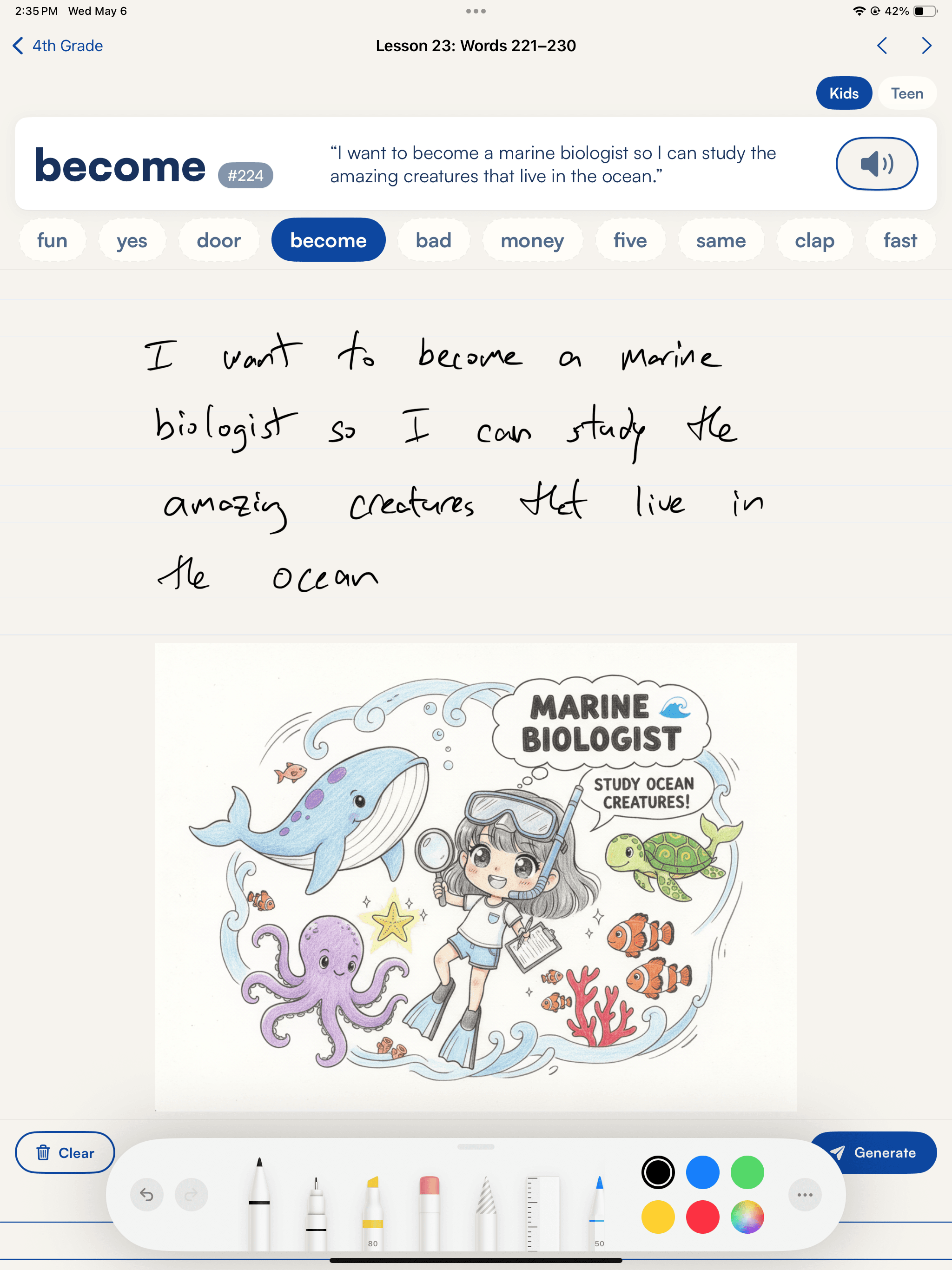 A 4th grader's handwritten sentence: 'I want to become a marine biologist so I can study the amazing creatures that live in the ocean.', with Grapha Learning's drawing rendered next to it.