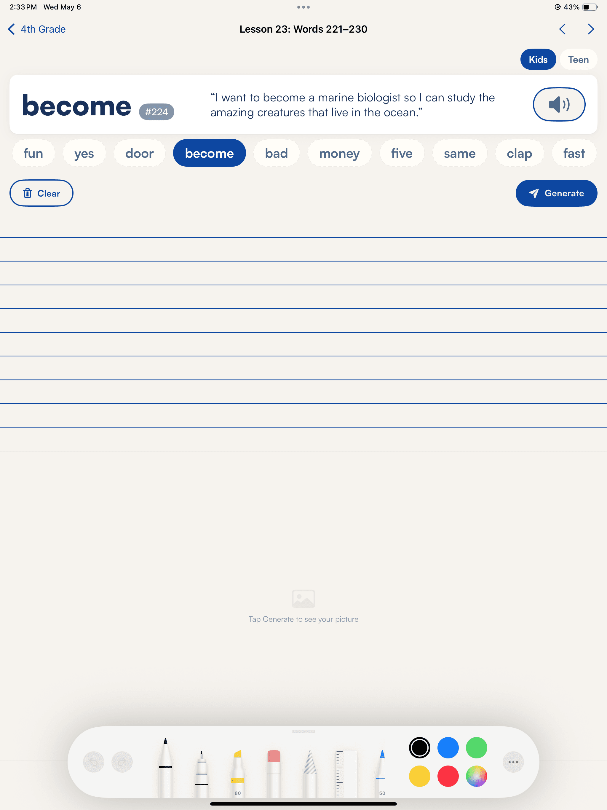 4th grade lesson card in the Grapha Learning app, showing how the conjunction 'so' connects a goal with its reason.